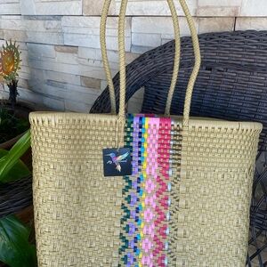 Myra Bag Tan Tote with Pink and Blue Accents